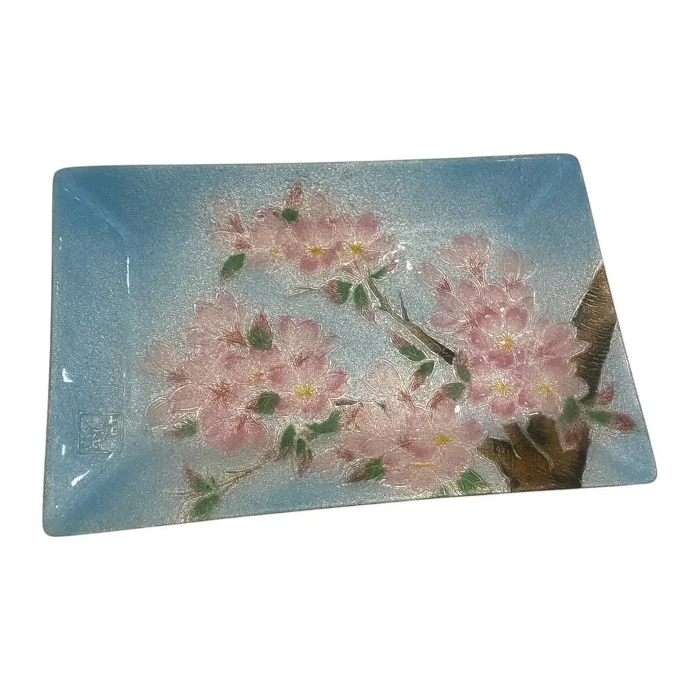 RARE Shippo Japanese Kishiro Cloisonne Enameled Tray Cherry Blosssoms Trinket